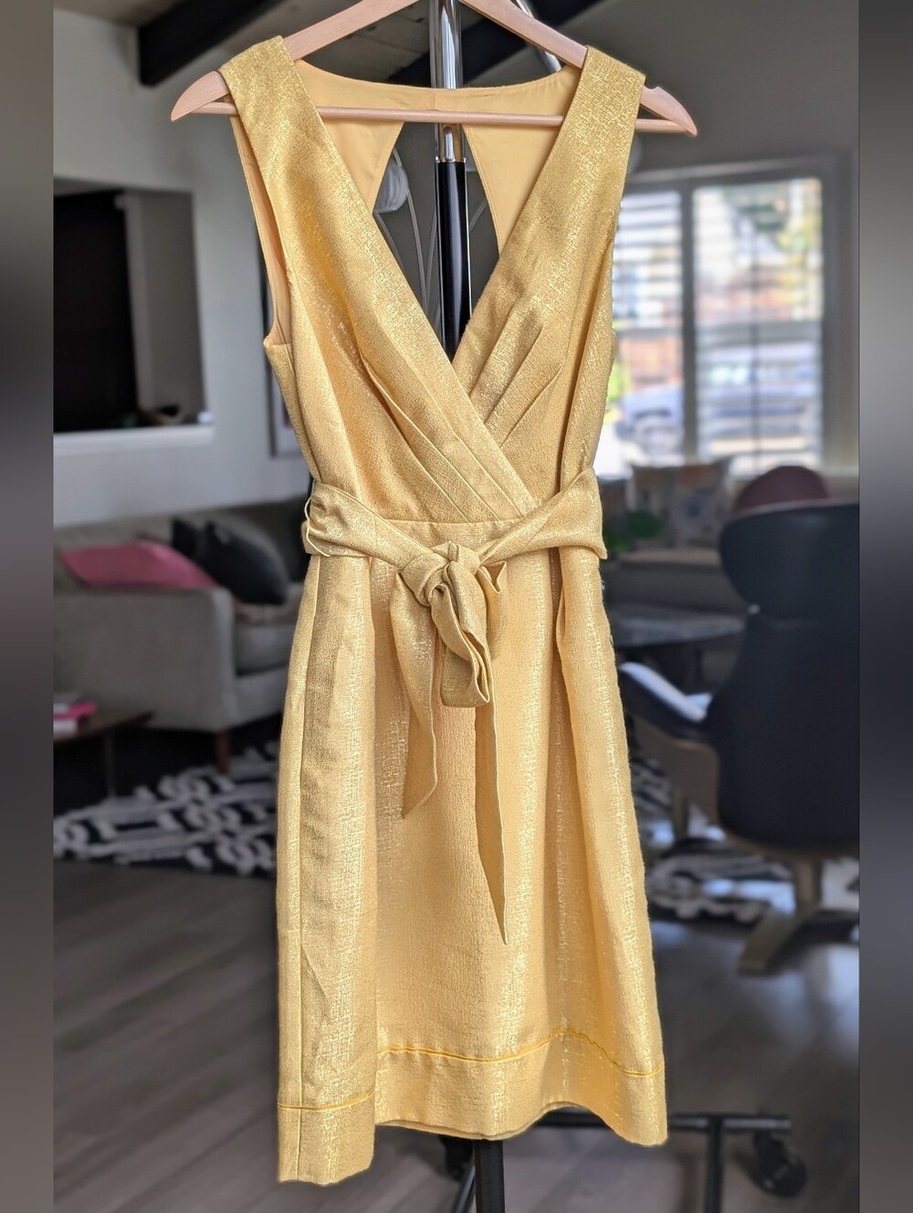 BHLDN There Is Only You Metallic Yellow Gold V-Neck Tie-Waist Mini Dress Size S